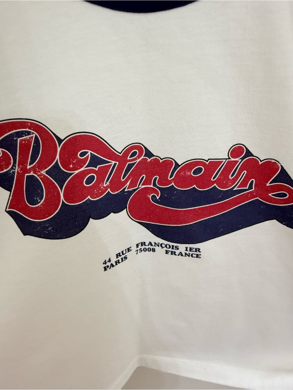 Balmain White and Navy Cropped Raglan Logo Tee - Picture 6 of 8